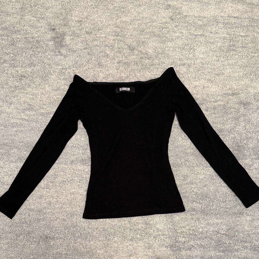 Reformation Black Off-Shoulder Ribbed Blouse